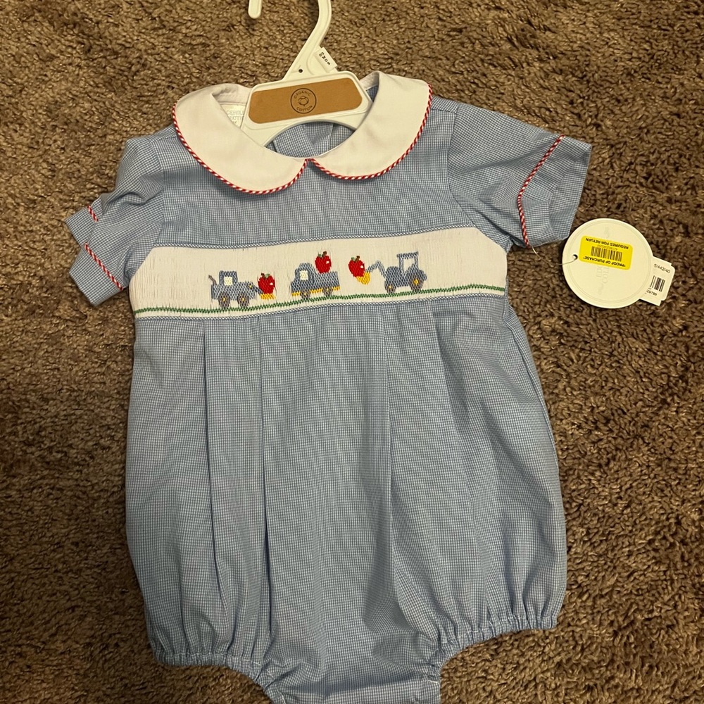 Blue Baby Peter Pan short sleeve bubble with Tractor and truck apple Design